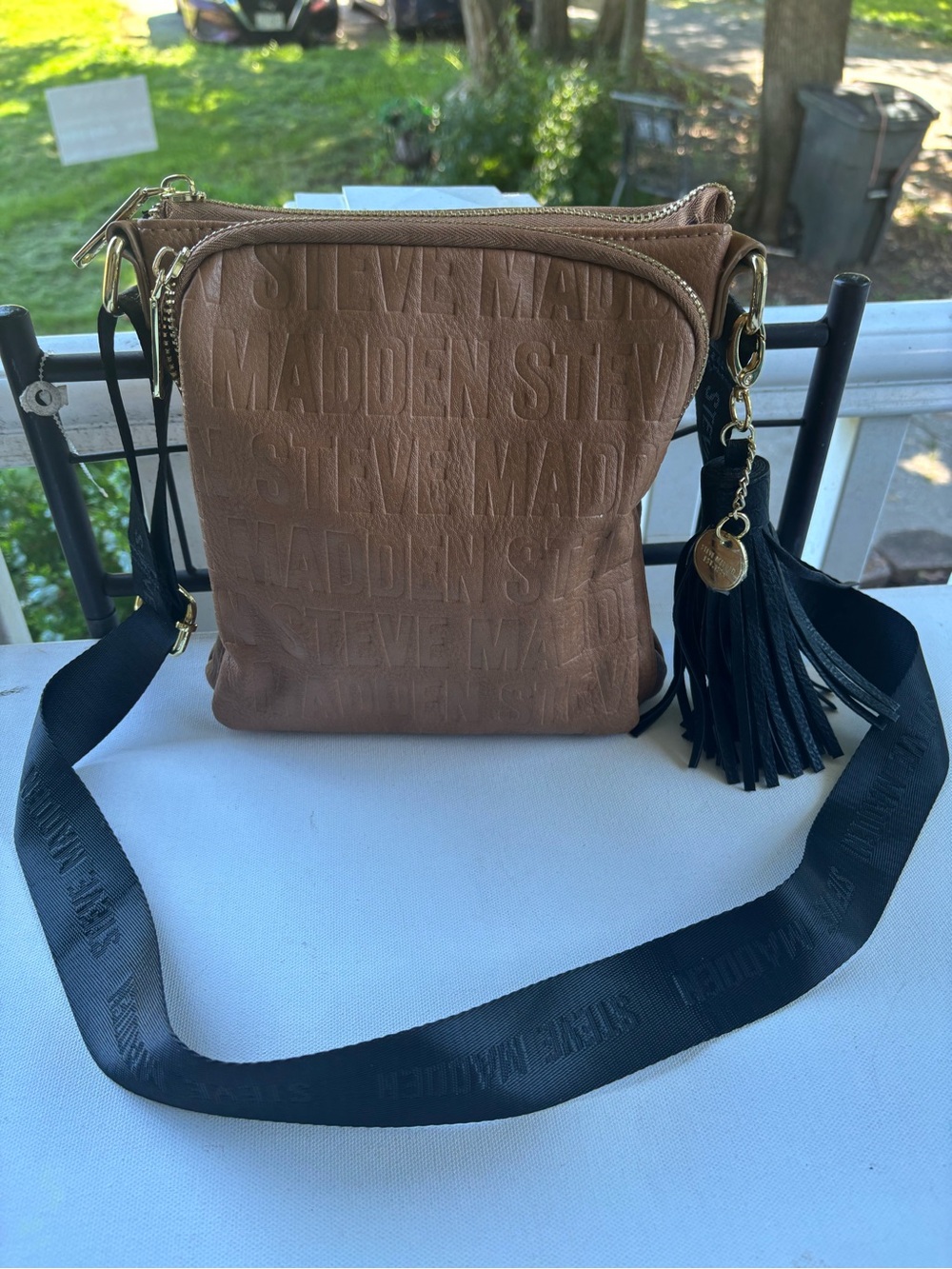 Steve Madden Taupe Embossed Crossbody with Black Tassel Strap